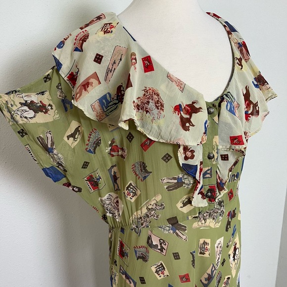 Vintage 90s Does 30s Green Novelty Print Cowboy Maxi Dress // Size Large - Picture 5 of 9